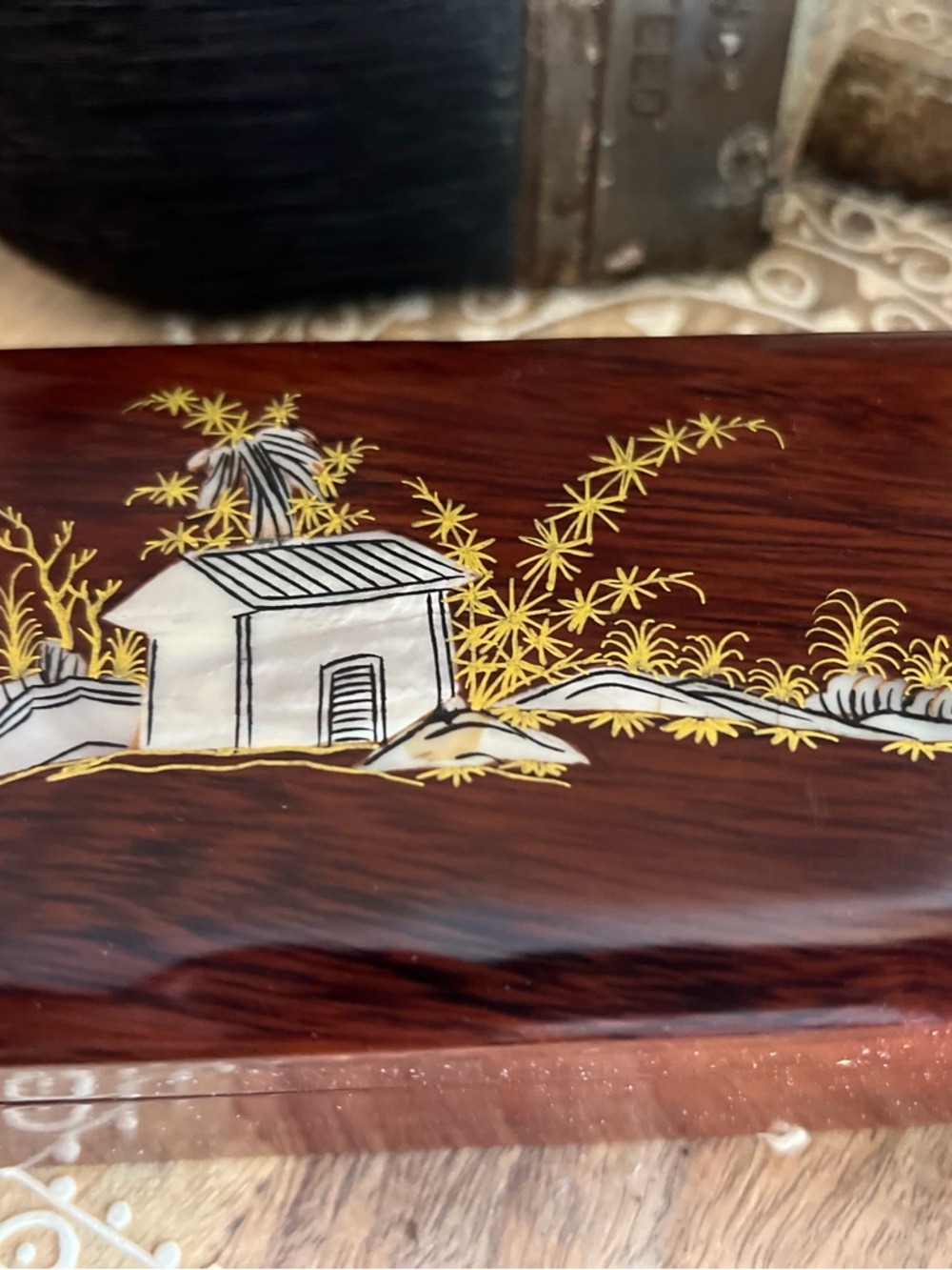 Vintage Hand-Painted Lacquered Wooden Box with Inlaid Scene